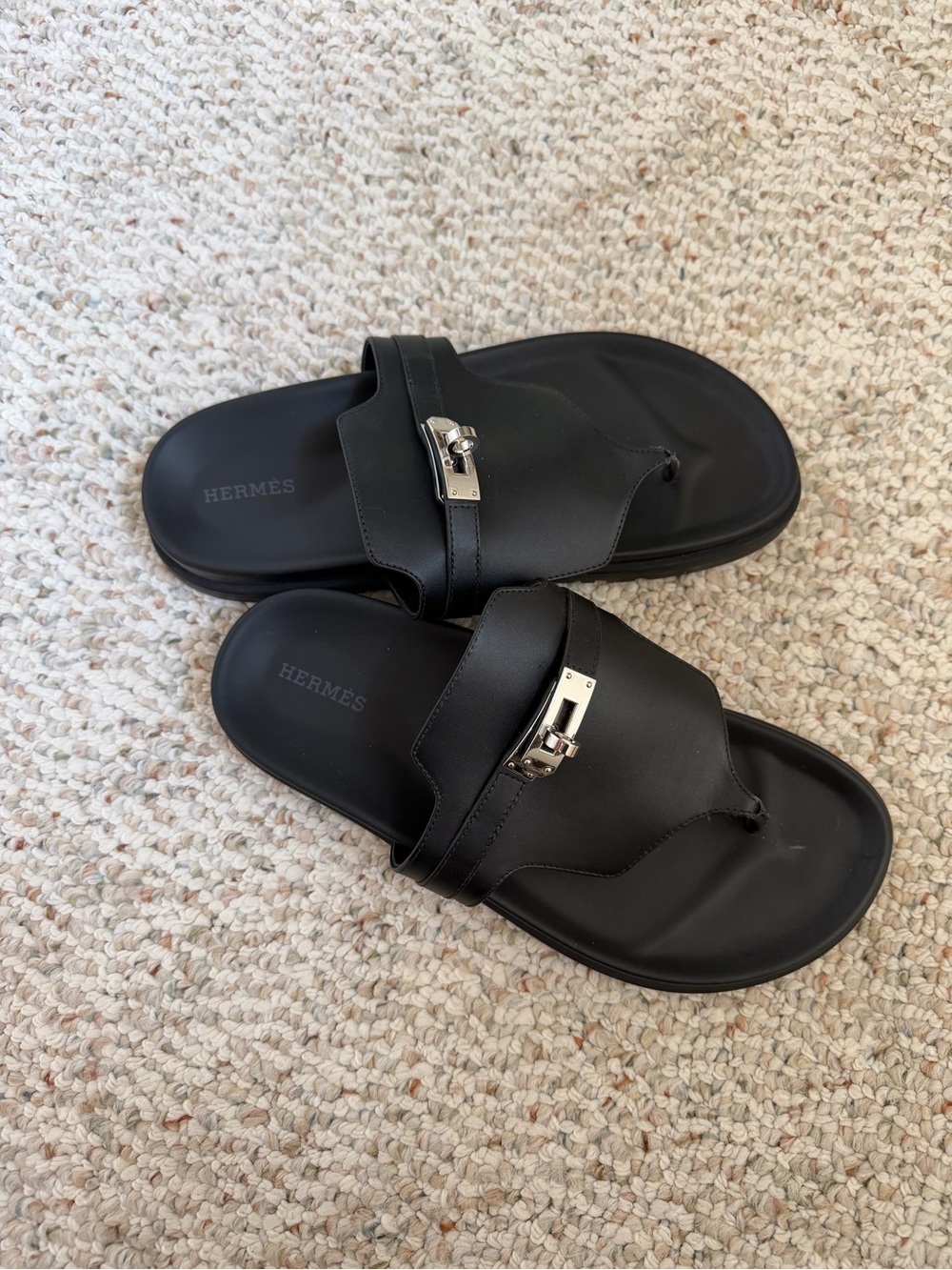 Hermes Black Leather Women's Empire Slide Sandals with Silver Buckle